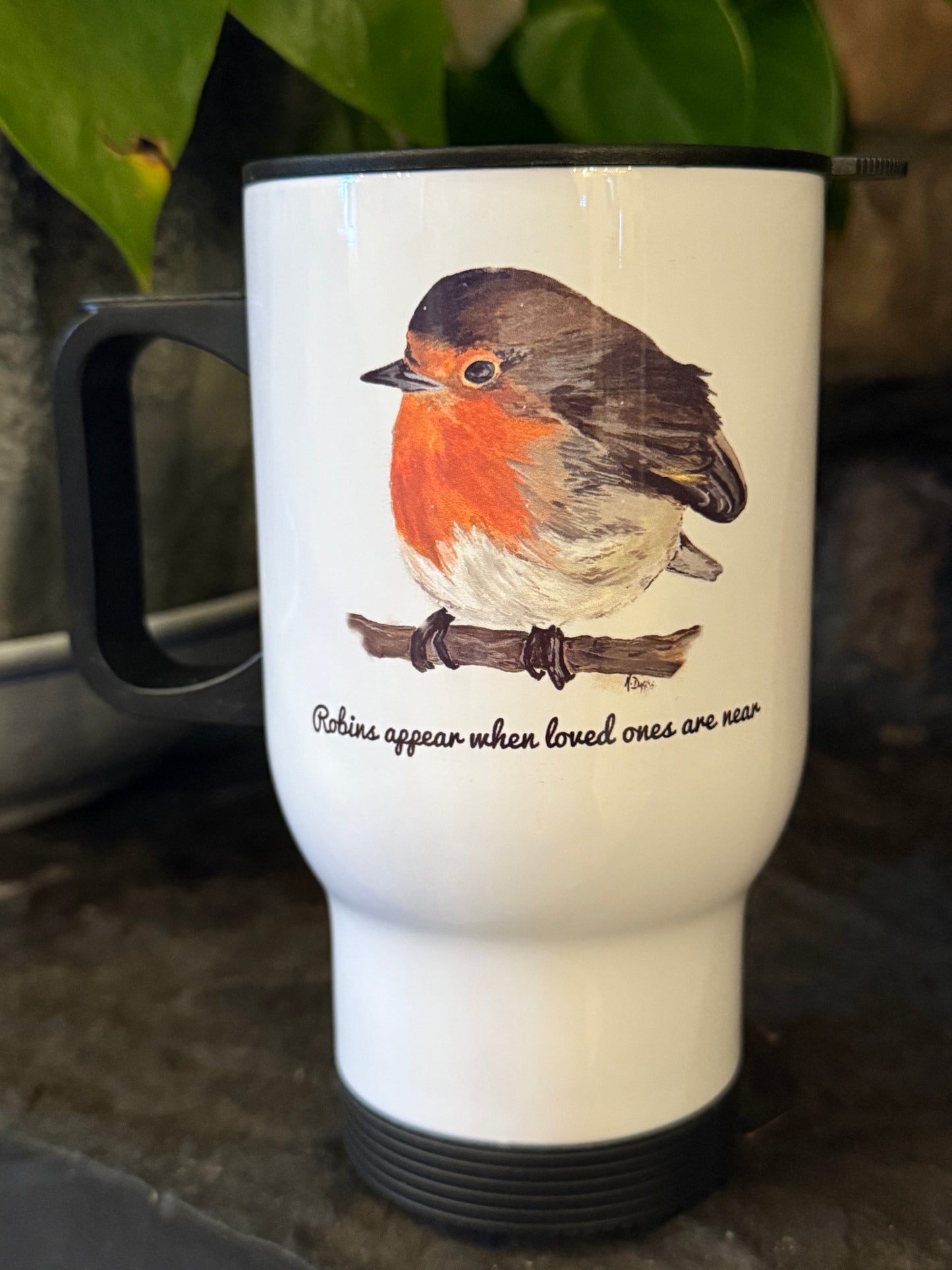 Robins appear when loved ones are Near Travel Mug