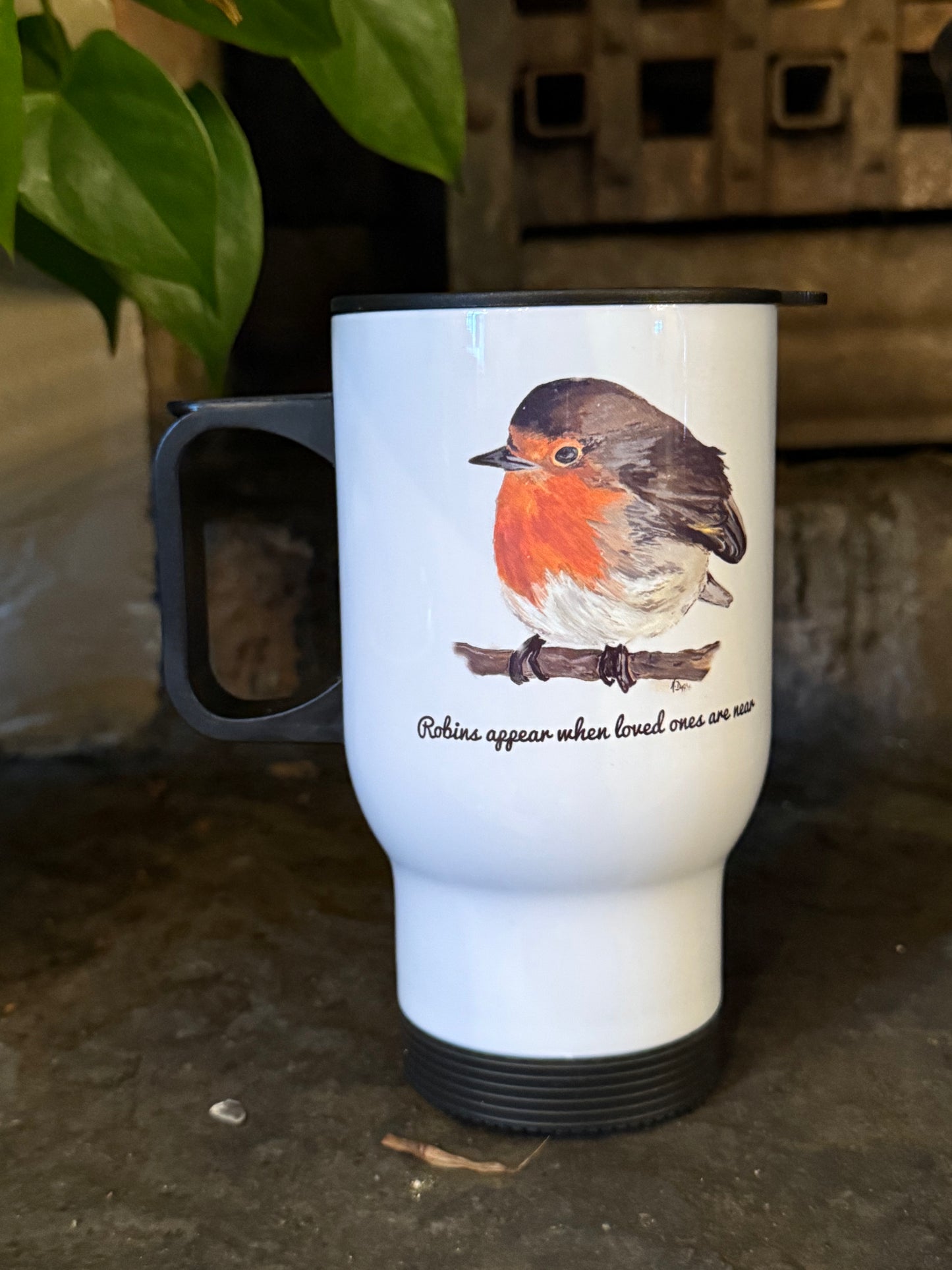 Robins appear when loved ones are Near Travel Mug