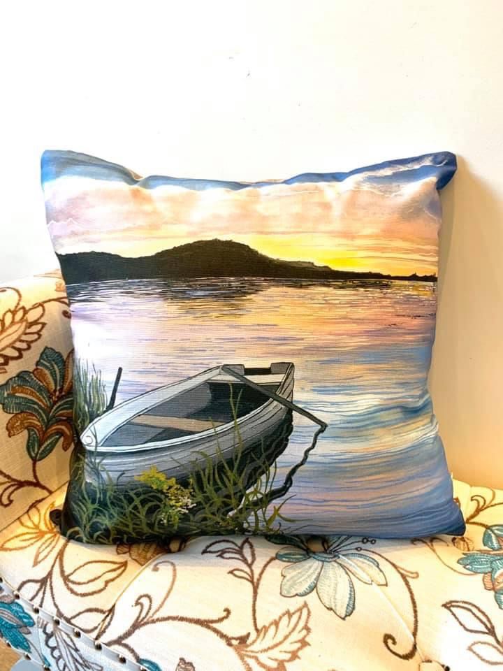 Sunset boat on the Shore Cushion by Michelle Duffy Camlake Canvas