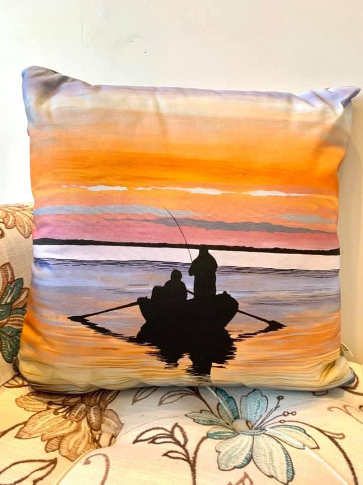 Sunset fishing Cushion by Michelle Duffy Camlake Canvas