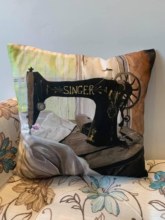 The Old Singer Cushion by Michelle Duffy Camlake Canvas